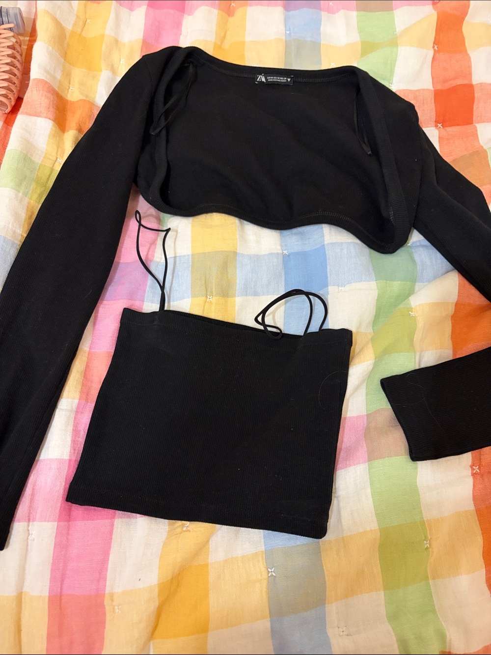 Black Two-Piece Ribbed Crop Top Set